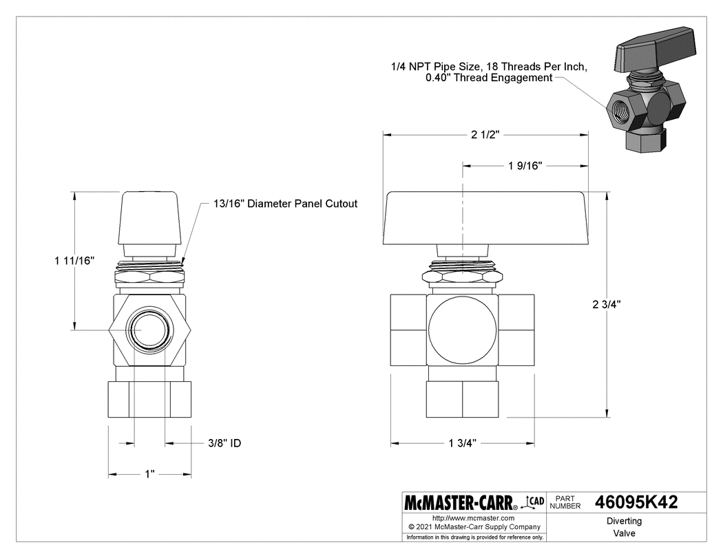 Technical Drawing of Diverting Valve, Panel-Mount, L-Pattern, Brass Body, 1/4 NPT Female, 3.1 Cv.